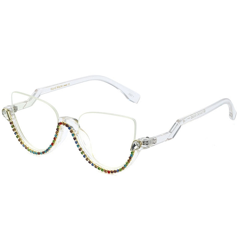 Retro Semi-Rimless Cat Eye Women Glasses Frame Luxury Diamond Clear