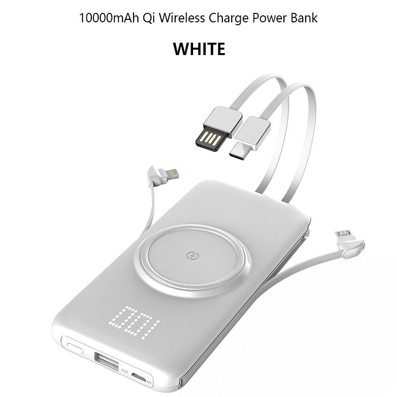 Wireless Charger Power Bank with USB Type-C Micro Lighting Cables
