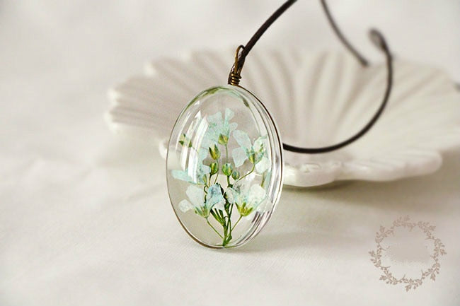 Dried Flower Necklace Gypsophila Time Dome Glass Pendant