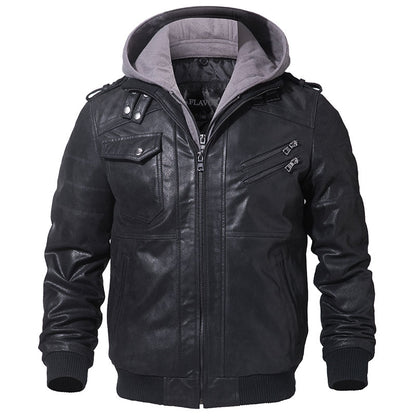 Men's Real Leather Jacket Motorcycle Removable Hood