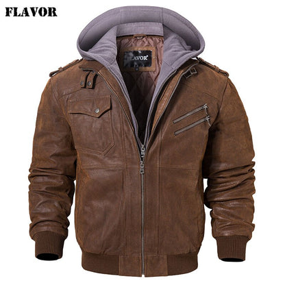 Men's Real Leather Jacket Motorcycle Removable Hood