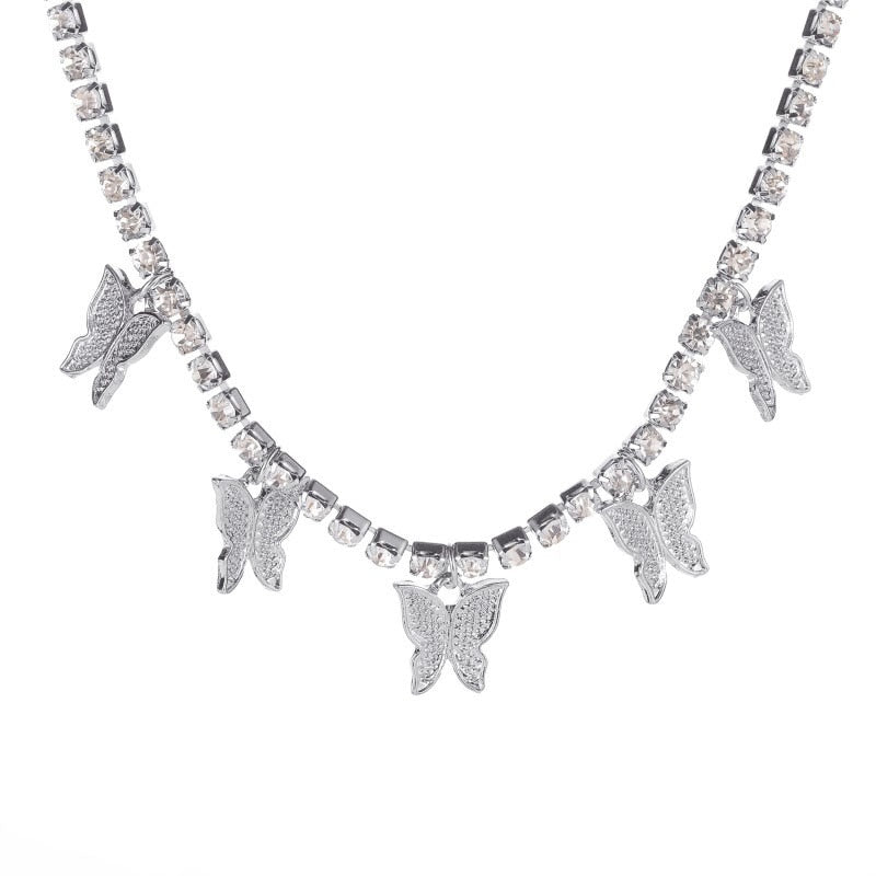 Fashion Bling Rhinestone Butterfly Pendant Choker Necklace