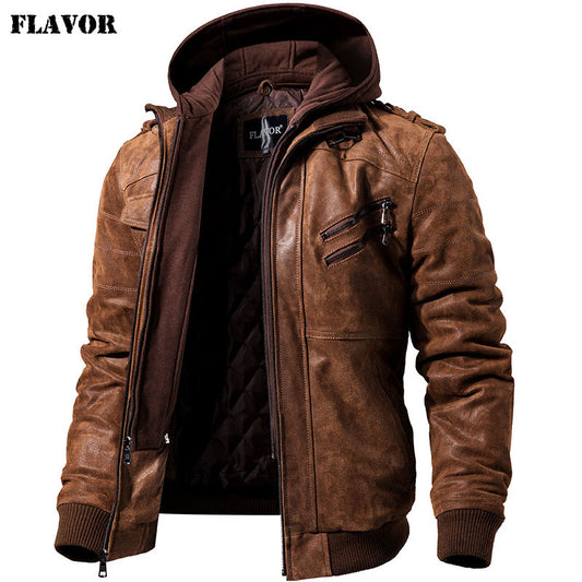 Men's Real Leather Jacket Motorcycle Removable Hood