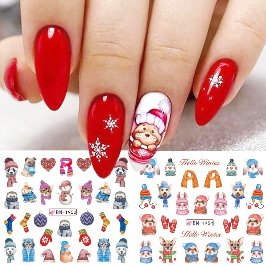 Beauty 12pieces Cute Christmas Nail Stickers Cartoon Animal Design