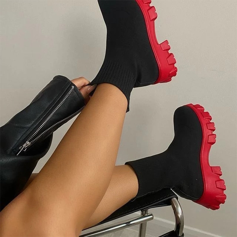 Women Boots Slip On Western Ankle Boots Knitted