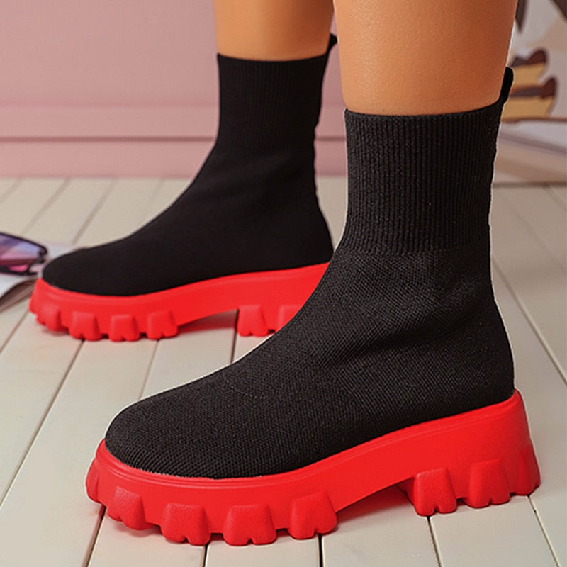 Women Boots Slip On Western Ankle Boots Knitted