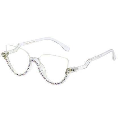 Retro Semi-Rimless Cat Eye Women Glasses Frame Luxury Diamond Clear