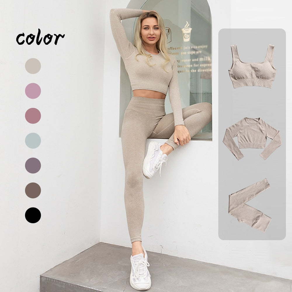 Seamless Gym Yoga Set Women Sports Bra Crop Top Long Sleeve Yoga Suit