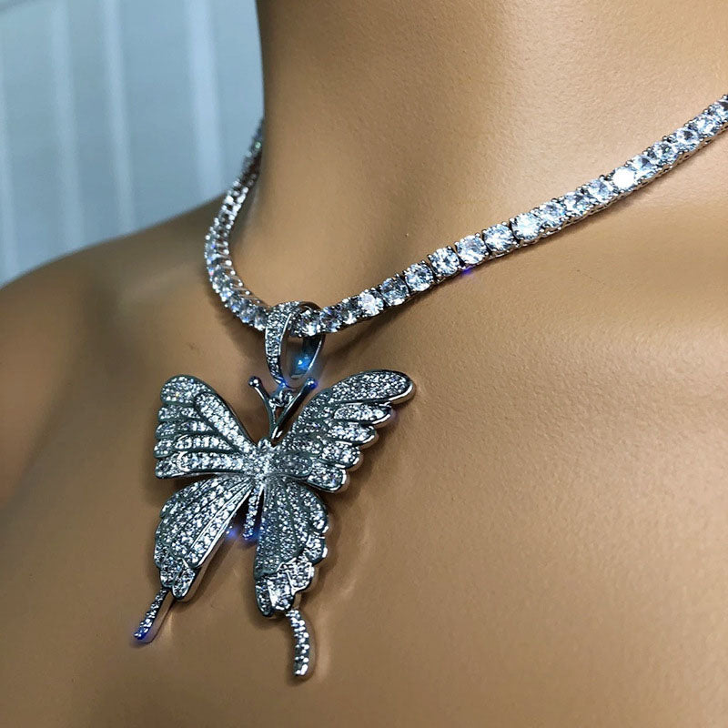 Fashion Bling Rhinestone Butterfly Pendant Choker Necklace