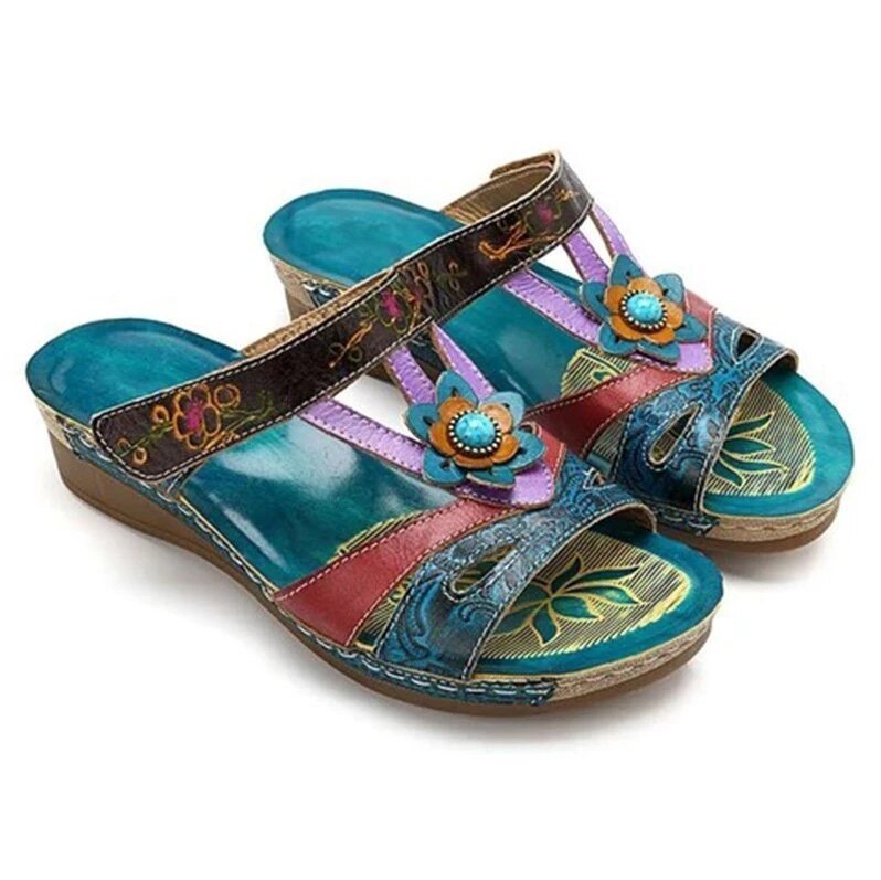 Women Sandals Heeled Slippers Ethnic Flower Sandals