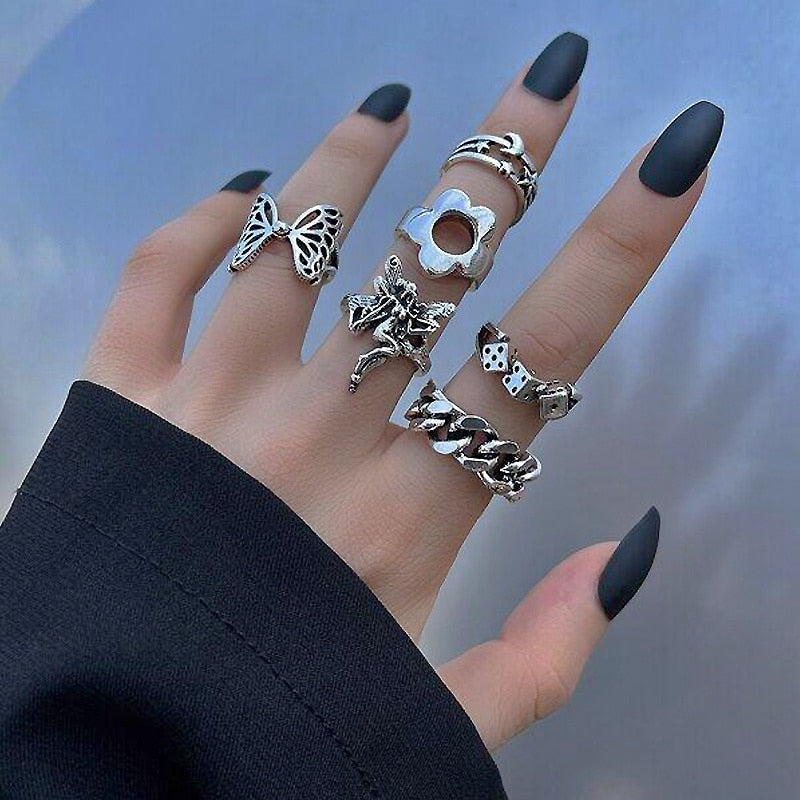 Punk Butterfly Finger Ring Set for Women Flower Fairy Gothic