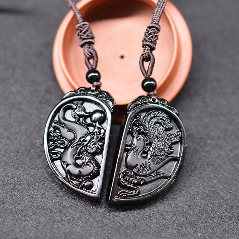 1 Set Obsidian Taichi Dragon and Phoenix Necklace