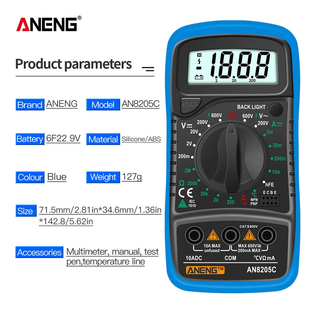 AN8205C Digital Multimeter AC/DC Ammeter Volt Ohm Tester Meter