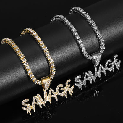 Bling Bling Savage Letter Necklace & Pendant Shiny Ice Out Link Chain