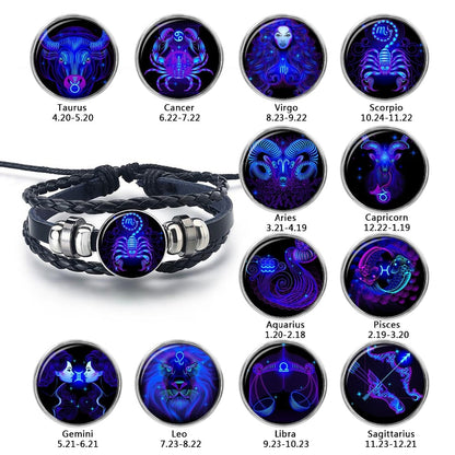 12 Constellation Zodiac Sign Black Braided Leather Bracelet