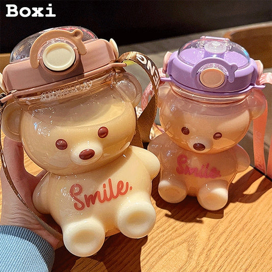 Bear Plastic Water Bottle With Straw Portable Strap