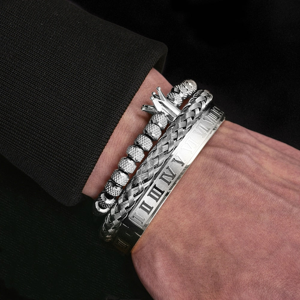 Luxury Roman Royal Crown Charm Bracelet Men Stainless Steel