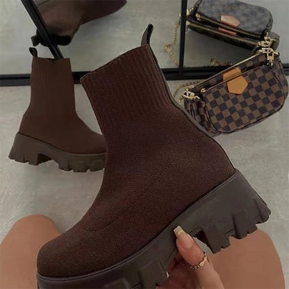 Women Boots Slip On Western Ankle Boots Knitted