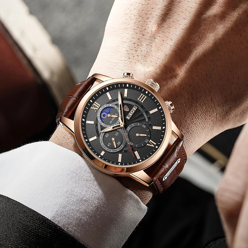 LIGE Men's Watches Top Brand Luxury Men Wrist Watch Leather Quartz