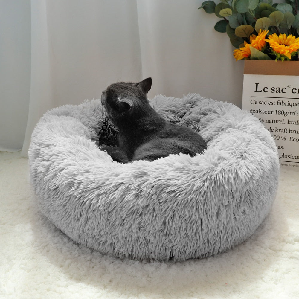 Pet Dog Bed Warm Fleece Round Dog Kennel House Long Plush Winter Pets
