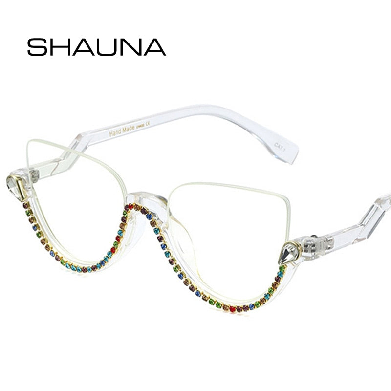 Retro Semi-Rimless Cat Eye Women Glasses Frame Luxury Diamond Clear