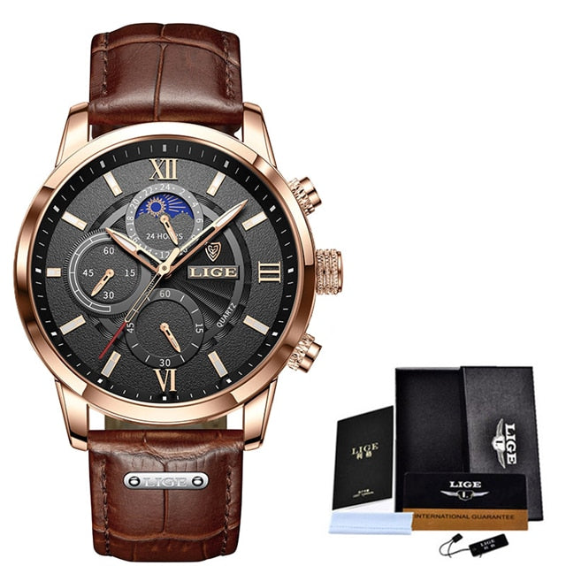 LIGE Men's Watches Top Brand Luxury Men Wrist Watch Leather Quartz