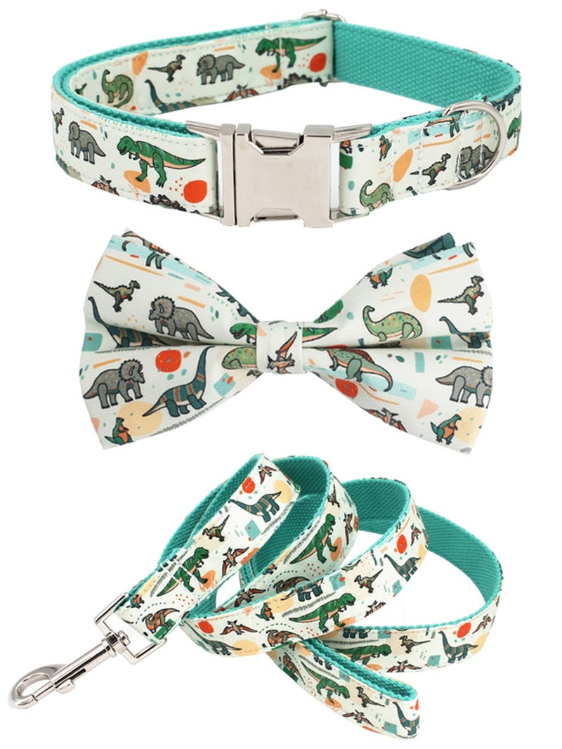 Dinosaur dog collar and leash set with bow tie