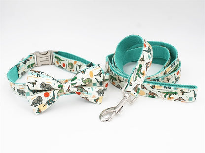 Dinosaur dog collar and leash set with bow tie