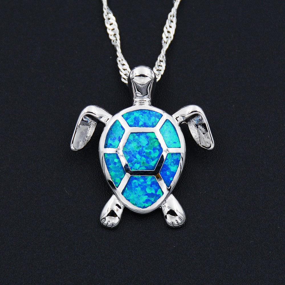 Ocean Blue Fire Opal Beach Themed Pendant Necklace