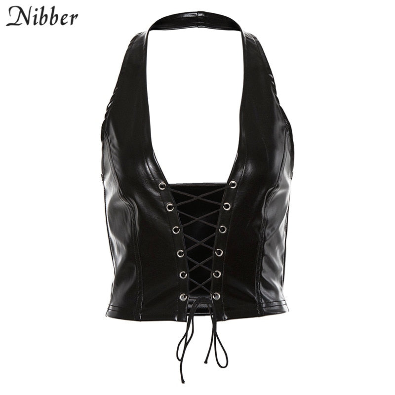 Sexy Punk Y2K Black Leather Crop Top Women's  Hollow Backless