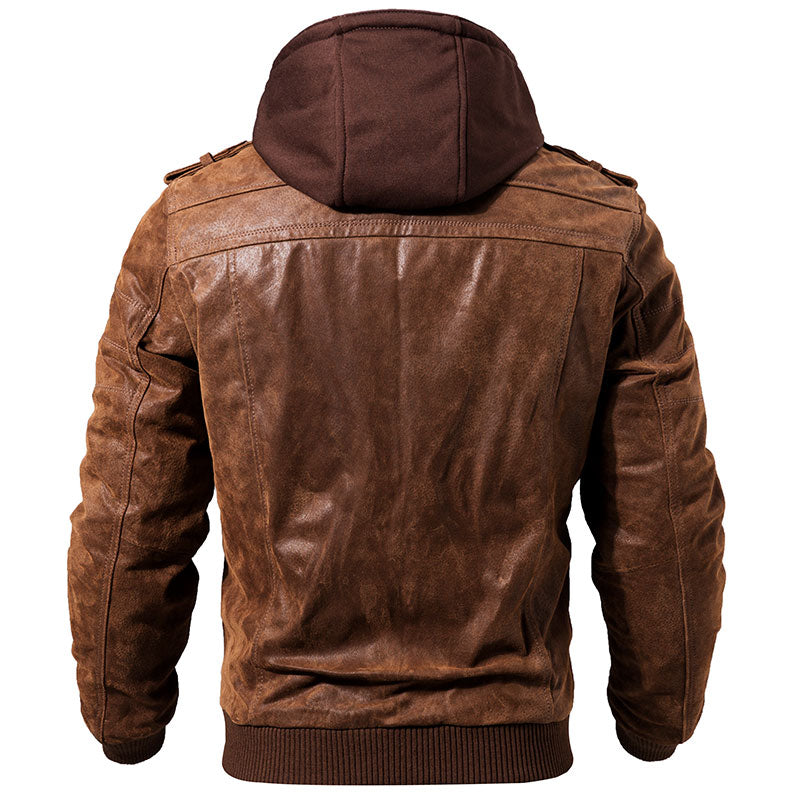 Men's Real Leather Jacket Motorcycle Removable Hood