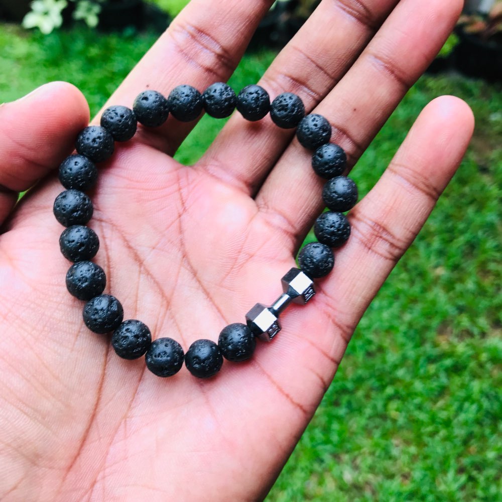 Natural Black Volcanic Lava Stone Dumbbell Bracelet black Matte Beads