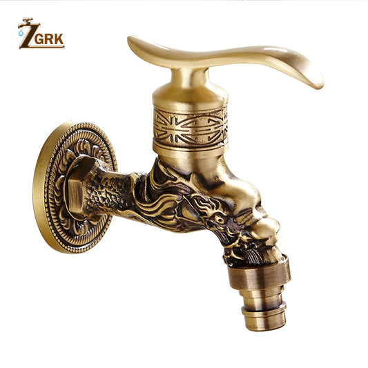 Carved Wall Mount Bibcock Brass Antique WC Faucet