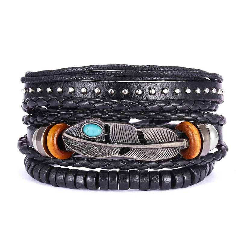 Men Bracelets Vintage Multilayer Leather Braid Bracelets Bangles