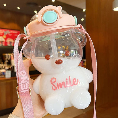 Bear Plastic Water Bottle With Straw Portable Strap