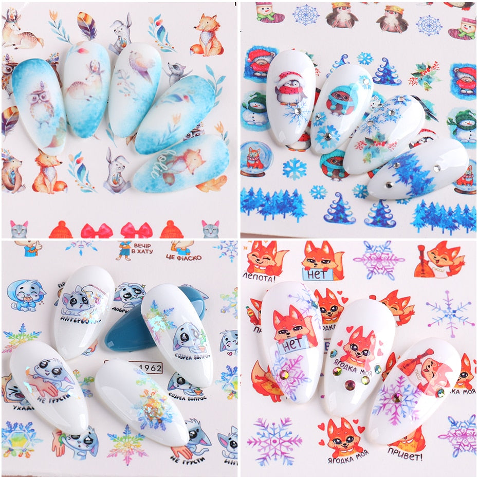 Beauty 12pieces Cute Christmas Nail Stickers Cartoon Animal Design