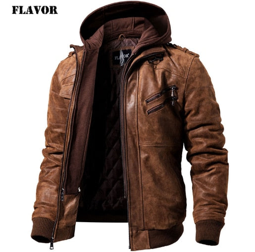 Men's Real Leather Jacket Motorcycle Removable Hood