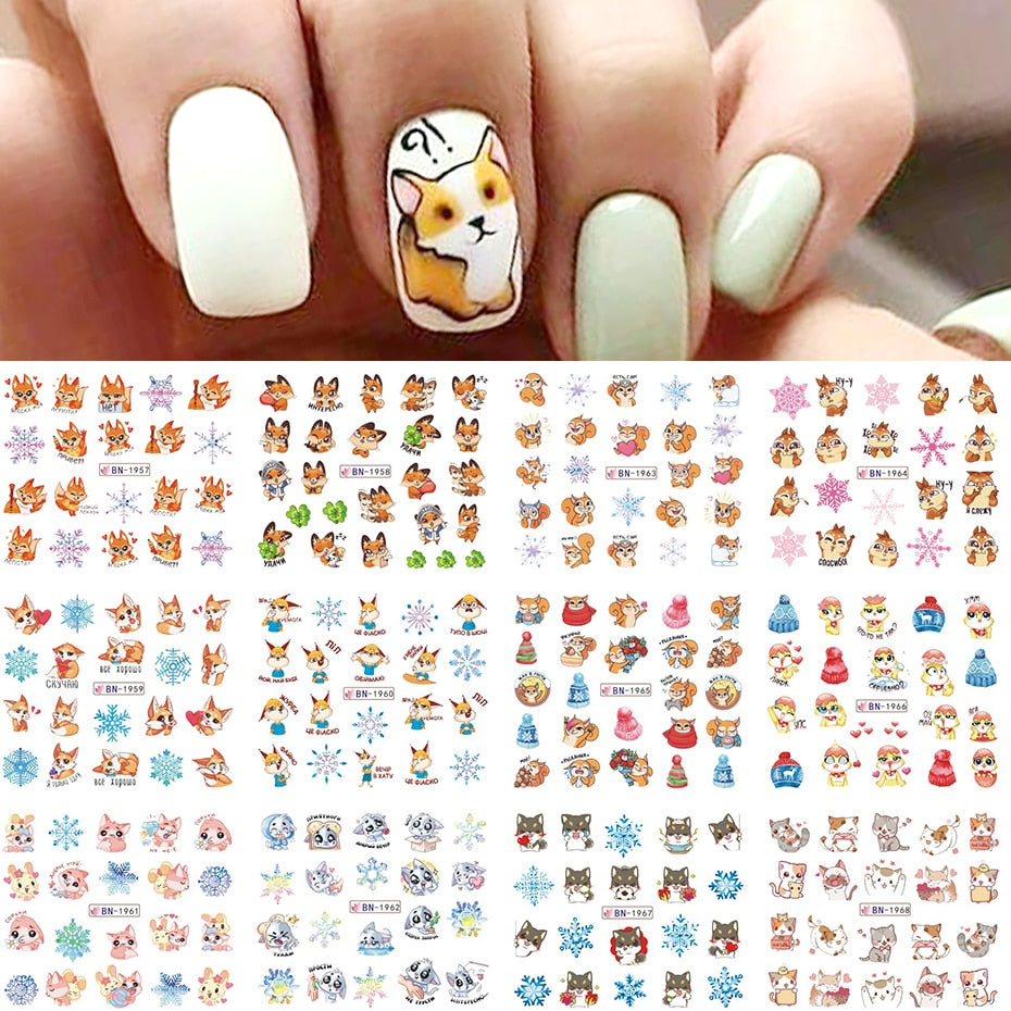 Beauty 12pieces Cute Christmas Nail Stickers Cartoon Animal Design