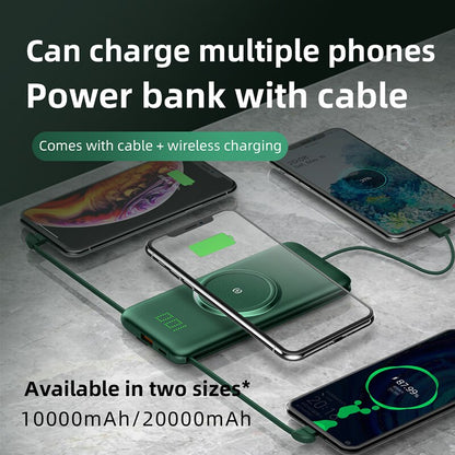 Wireless Charger Power Bank with USB Type-C Micro Lighting Cables