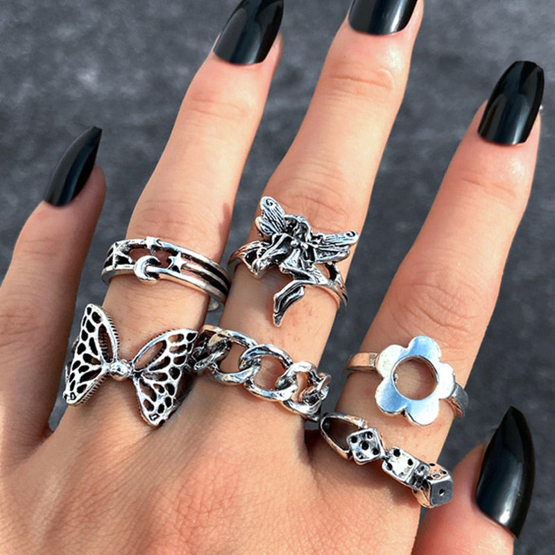 Punk Butterfly Finger Ring Set for Women Flower Fairy Gothic