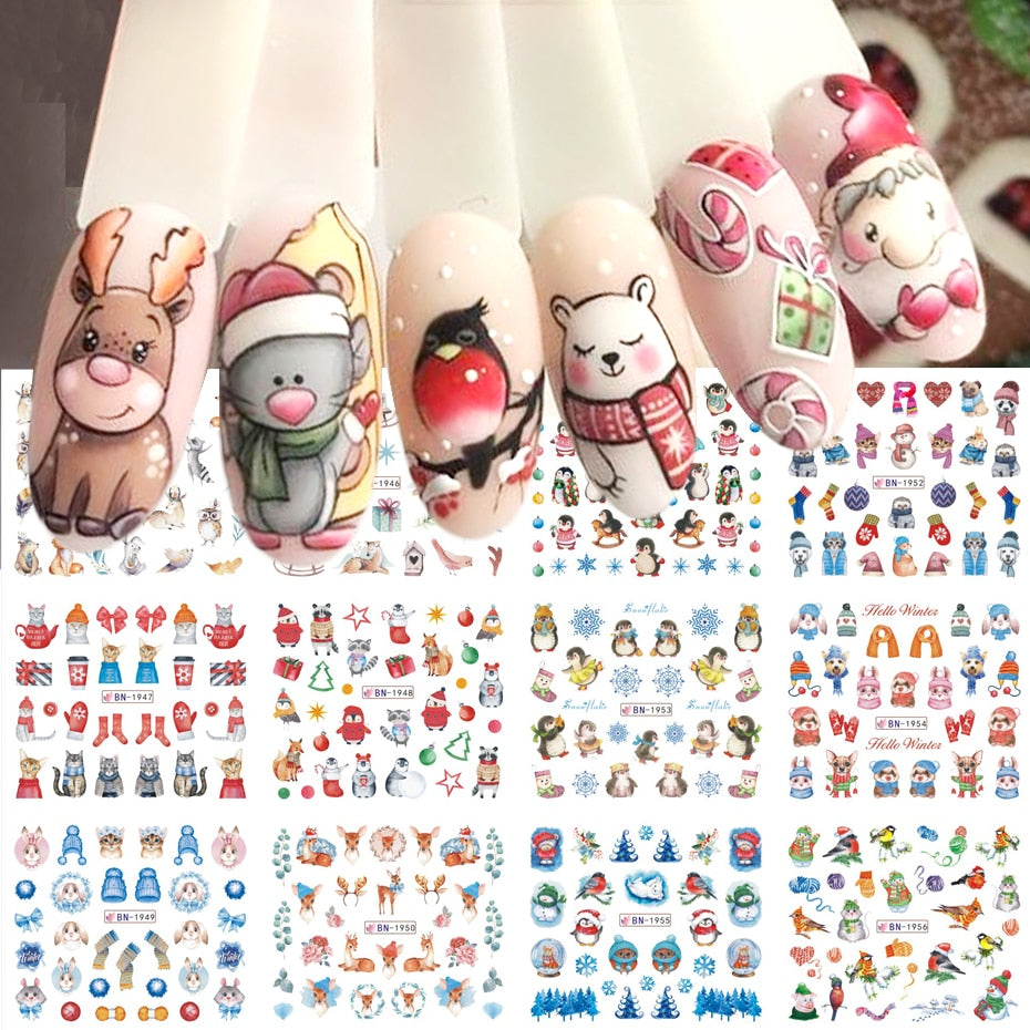 Beauty 12pieces Cute Christmas Nail Stickers Cartoon Animal Design