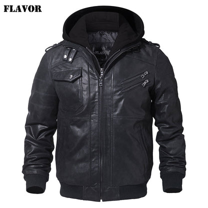 Men's Real Leather Jacket Motorcycle Removable Hood