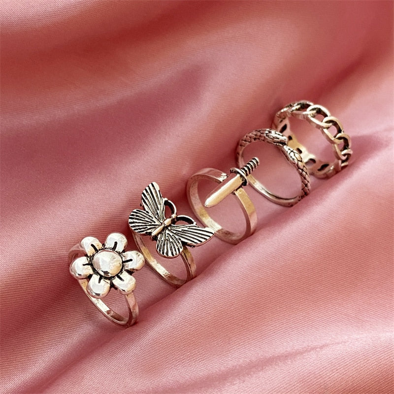 Punk Butterfly Finger Ring Set for Women Flower Fairy Gothic
