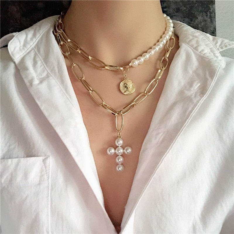 Fashion Multilayer Imitation Pearls Cross Pendant Necklaces