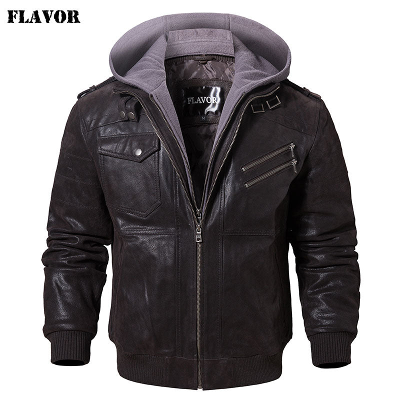 Men's Real Leather Jacket Motorcycle Removable Hood