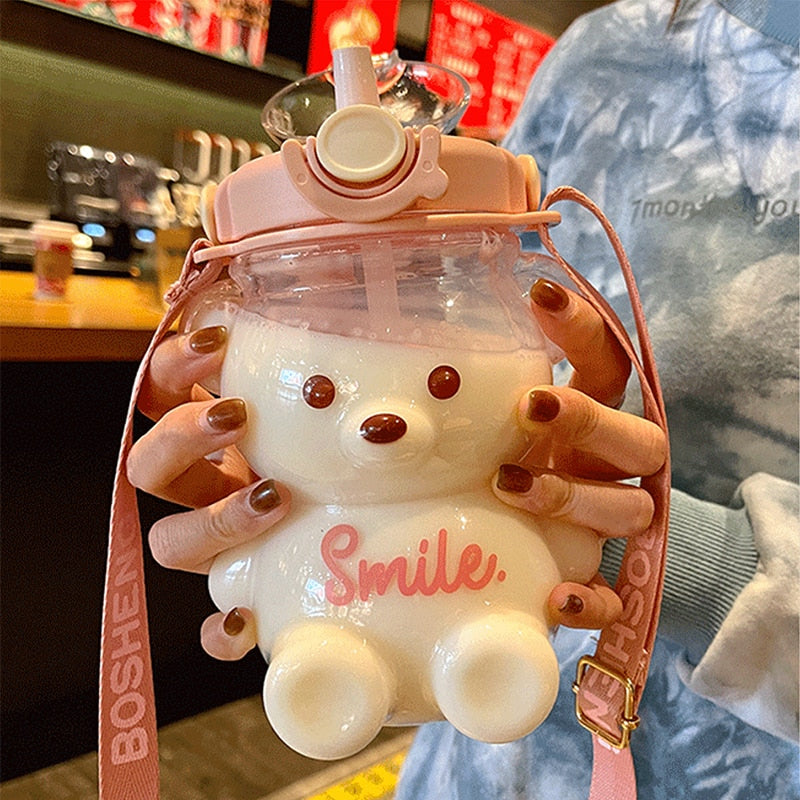 Bear Plastic Water Bottle With Straw Portable Strap