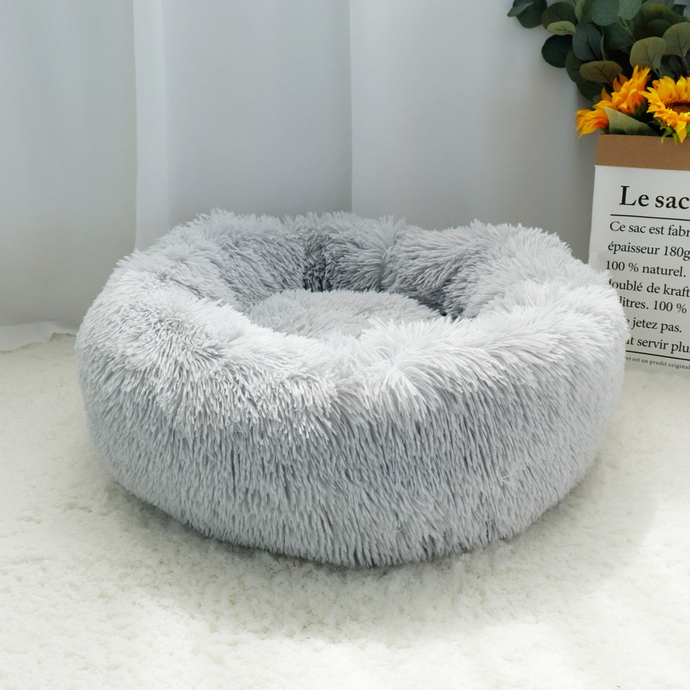 Pet Dog Bed Warm Fleece Round Dog Kennel House Long Plush Winter Pets