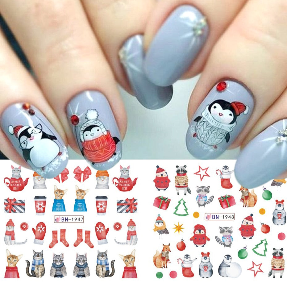 Beauty 12pieces Cute Christmas Nail Stickers Cartoon Animal Design