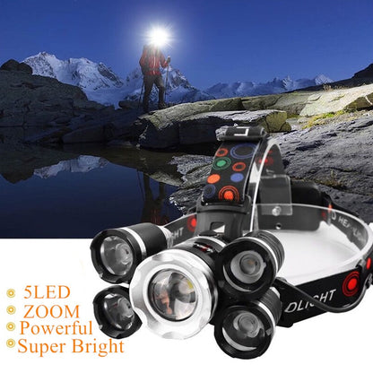 Powerful Headlight 5 LED T6 headlamp ZOOM Flashlight