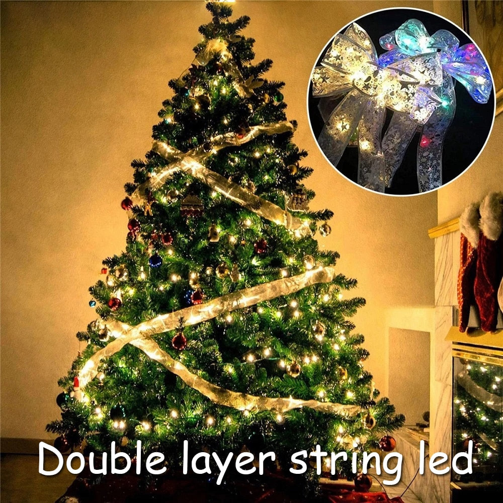 Double Layer Fairy Lights Strings Christmas Ribbon Bows